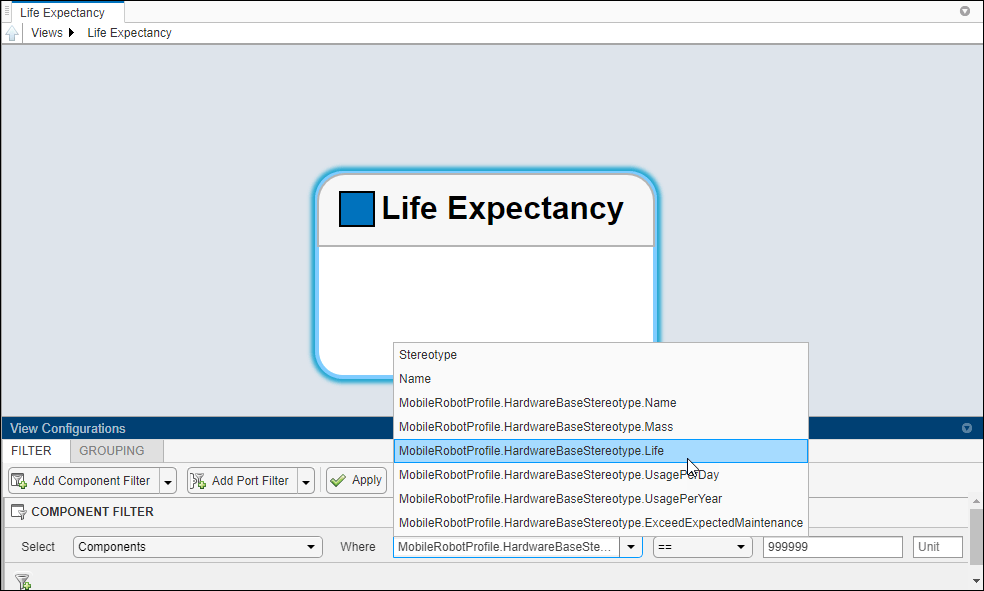 A filter is created for the life expectancy view.