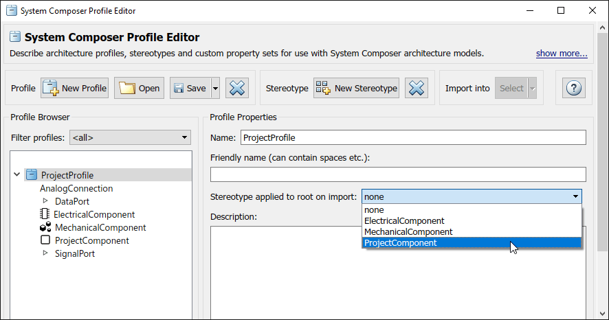 For the profile 'Project Profile' using the profile properties section to select 'Stereotype applied to root on import' as 'Project Component'.