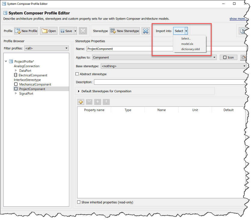 Import into selections for model and dictionary from the Profile Editor.