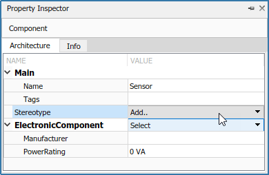 The stereotype for the component named 'Sensor' called 'Electronic Component' inherits properties from its base stereotype displayed below on the property inspector.