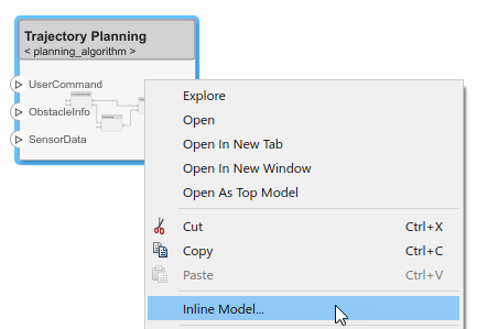 The referenced model Trajectory Planning with a right-click menu option selected 'Inline Model'.