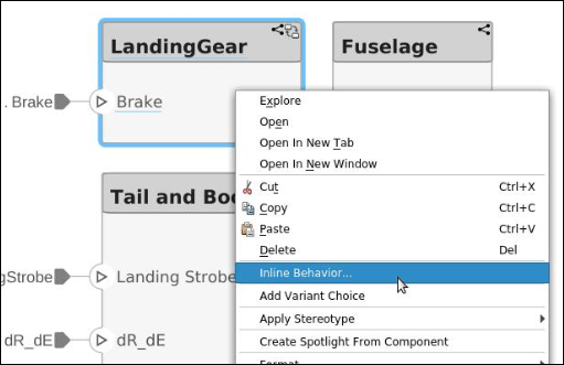 The Inline Stateflow Chart behavior menu for a component Landing Gear.