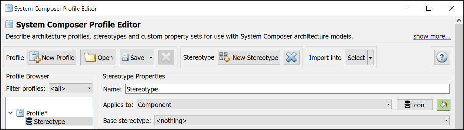 Selecting a custom icon and color for a stereotype on the profile editor.