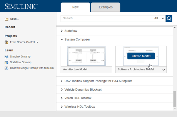 Software architecture template in Simulink start page