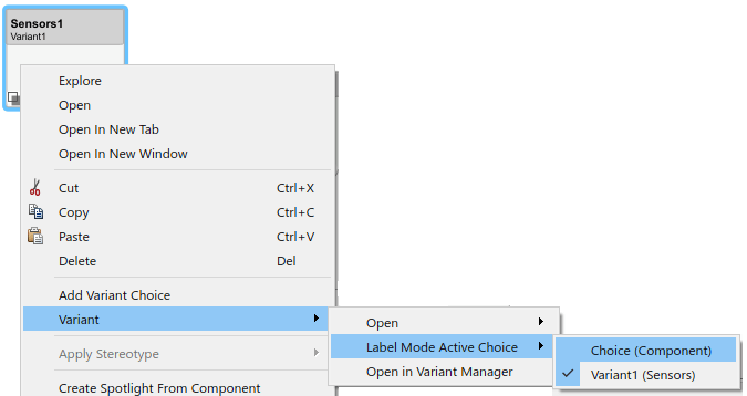 Using the right-click menu on 'Sensors1' to choose from the 'Variant' option the 'Label Mode Active Choice' as 'Component' referencing 'Choice'.