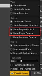 Image shows the Show Engine Content and Show Plugin Content check boxes are checked in View Options.