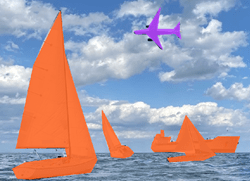 Orange pixels fill for shape of each boat and purple pixel fill for shape of airplane