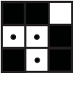 Three-by-three grid, with the middle-left, center, and middle-bottom squares white with black circles in the center. The top-right square is white with no circle, and all other squares are black.