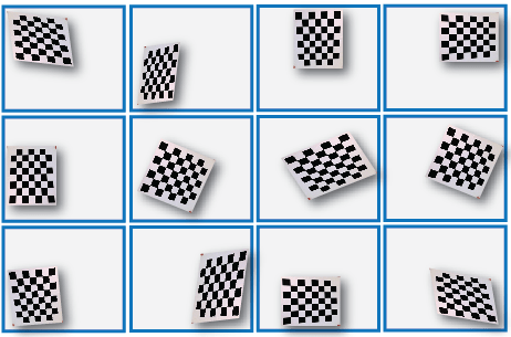 Checkerboard pattern images, with the calibration pattern covering space near the edged of the images.