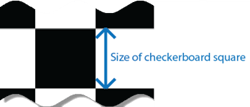 Close-up of checkerboard square, indicating the length of one side as the size of the checkerboard square