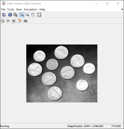 Video Viewer block displays processed image of coins.