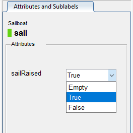 The "Attributes and Sublabels" pane showing the sailRaised attribute with "True" selected