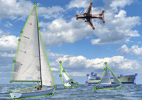 Sailboats, tanker, and airplane labeled with polygons