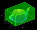 Point cloud image of teapot enclosed in a cuboid.