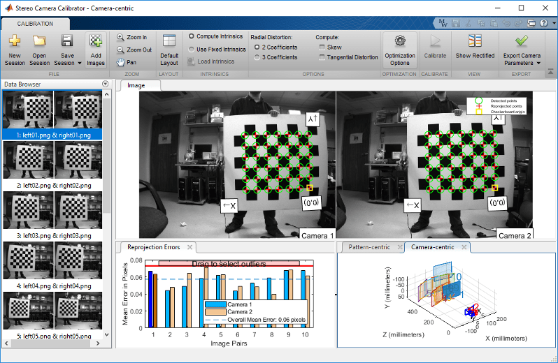 Camera calibration results, displaying undistorted image, reprojection errors chart, and camera extrinsics diagram