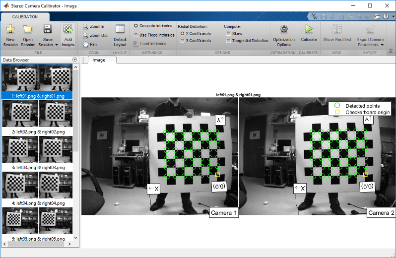 Stereo Camera Calibrator app showing data browser pane on left with calibration pattern images. The Image pane shows an image pair.